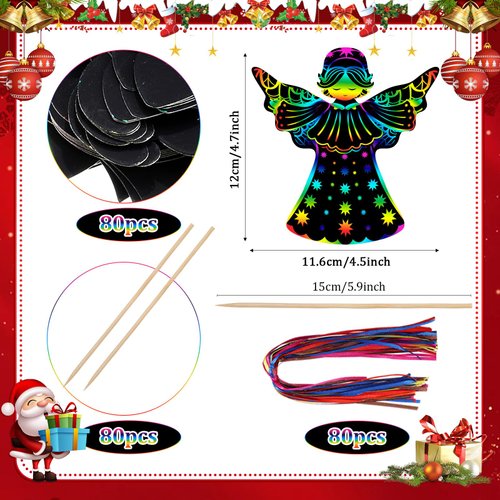 Motipuns 80 Pcs Christmas Angel Scratch Cards for Boys Girls Rainbow Christmas Ornaments Christmas Crafts for Winter Xmas Holiday Party Supplies Home Classroom DIY Activities