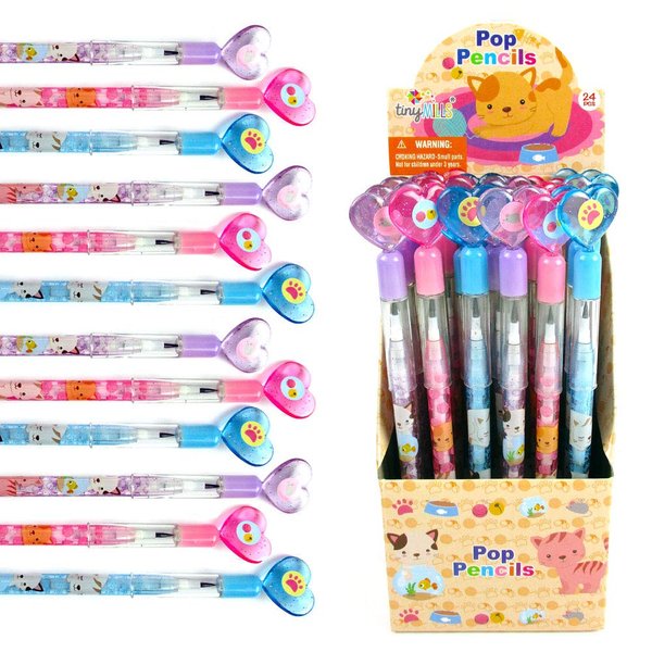 TINYMILLS 24 Pcs Cats Kittens Multi Point Stackable Push Pencil Assortment with Eraser for Kittens Birthday Party Favor Prize Carnival Goodie Bag Stuffers Classroom Rewards Pinata Fillers