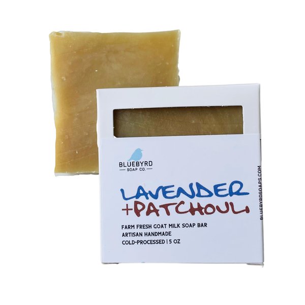 Bluebyrd Soap Lavender + Patchouli Goat's Milk Soap Bar | Nourishes, Moisturizes & Hydrates | 100% Natural Vegatable Soap with Lactic Acid - Good for Sensitive Skin - Cruelty Free (Patchouli Lavender)