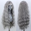 QMSSR Grey Lace Front Wigs Long Loose Wave Hair Gray Wig Heat Resistant Natural Curly Synthetic Lace Front Wigs for Fashion Women