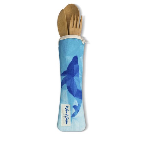 Waves of Change Reusable Bamboo Utensil Set w/Recycled Plastic Utensil Carrying Pouch, Whales