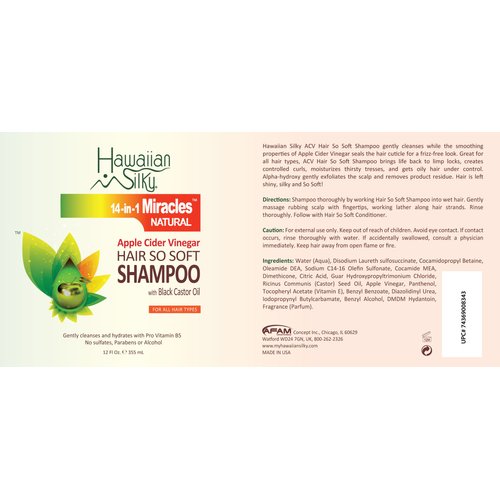 Hawaiian Silky Apple Cider Vinegar Daily Shampoo Sulfate-Free, 12 fl oz - Black Castor Oil Enriched Extract - Treat Dry and Damaged Scalp | for Men, Women & Kids 14-in-1 Miracles