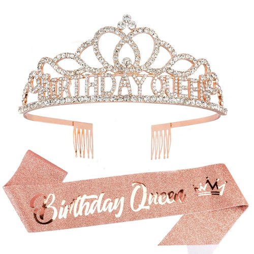 CIEHER Birthday Crown and Sash Set, Birthday Queen Crown for Women Girls Birthday Sash Birthday Tiara Rose Gold Birthday Decorations Birthday Gifts