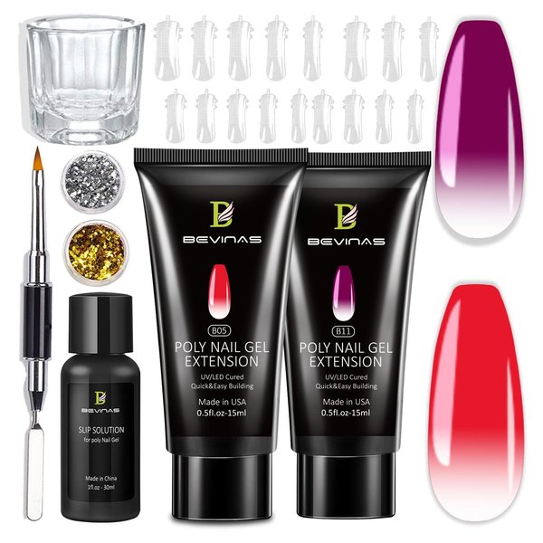 BEVINAS Poly Gel Nail Kit, Nail Extension Gel Colors 2 Tubes 0.5Fl.Oz, Natural Enhancement Builder Gel Poly Nail Gel Kit with Slip Solution and Nail Brush (Red & Purple by Cold)