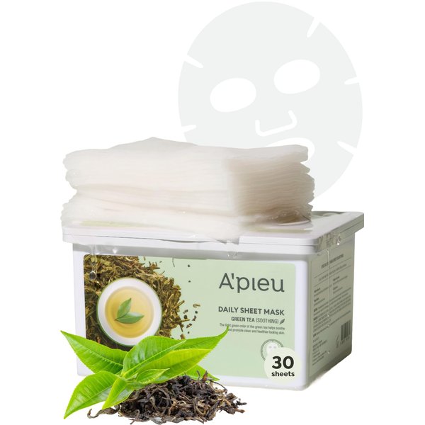 A'PIEU Daily Sheet Mask (Green Tea) - Moisturizing Korean Face Masks, 30-day supply, Lyocell fabric for comfort, Saturated with Green Tea Extract Essence