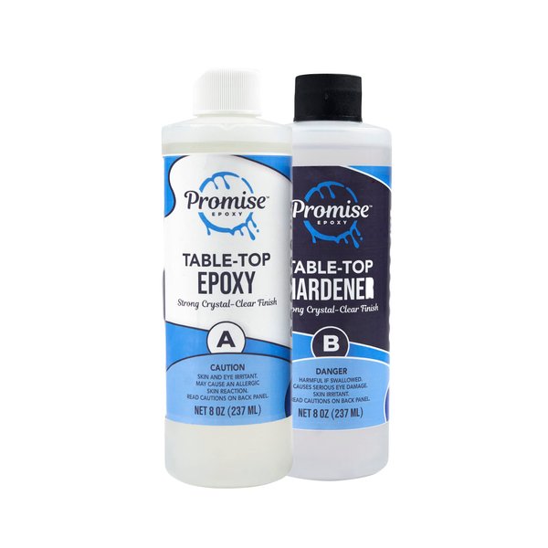 Epoxy Resin Promise Table Top 2-Part- 16 Ounce High Gloss (8 oz Resin + 8 oz Gal Hardener) Transform Your DIY Projects with Crystal Clear Finish - Ideal for Bar Tables, Tabletops, Countertops & More