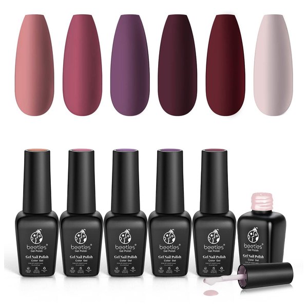 Beetles Red Gel Nail Polish Set - Peach Pink Skin Tone Gel Polish Kit Burgundy Red Nail Gel Polish Soak Off Nail Uv Lamp Gel Nail Kit Nail Art Design Gifts for Women