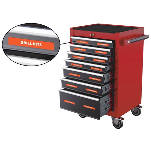 Toolbox Magnetic Labels – Burnt Orange | 0.75”H x 4.5”W Size | 22-Piece Basic Set by DCM Solutions | Tool Drawer Organizer | Bold, Easy-to-Read | Strong Hold Magnets | Made in USA | Garage & Shop Use