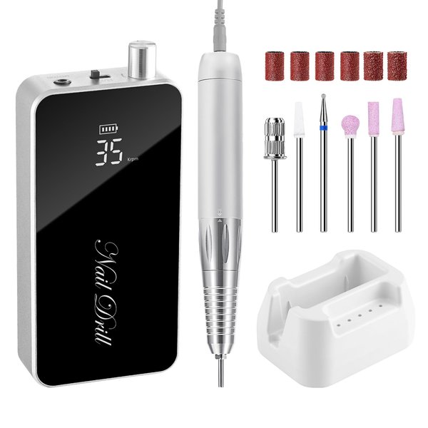 Makartt Electric Nail Drill Professional Portable Efile Kit Rechargeable 35000RPM with Coreless Motor Manicure Nail Drill Machine Nouvella for Acrylic Gel Nails with Drill Bits Set, Black
