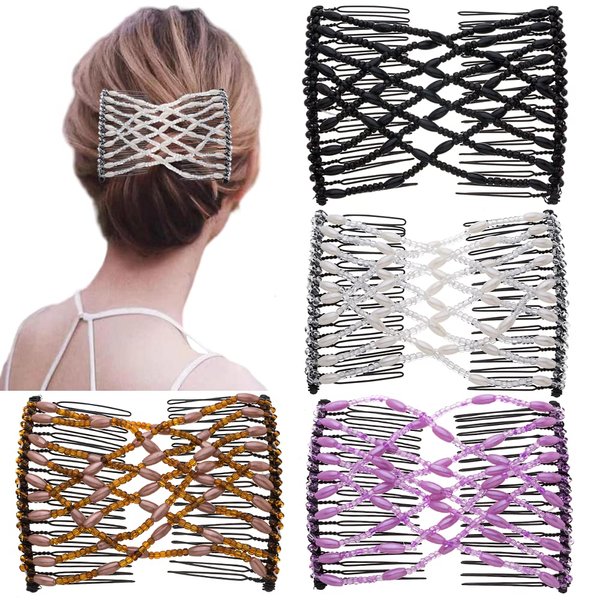 Ruihfas 4Pcs Magic Beading Hair Comb Double Clips Easy Stretch Combs Hair Styling Accessories for Women Girls Hair Beauty