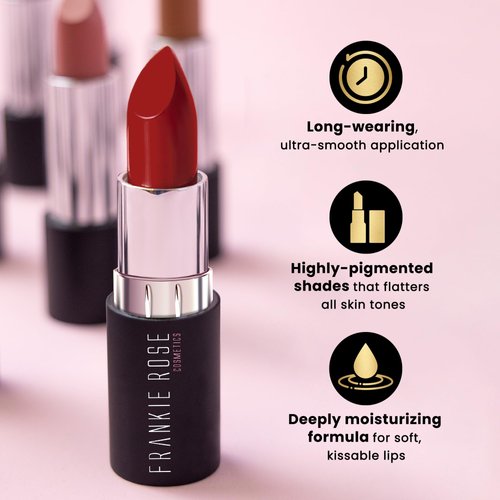 Frankie Rose Long Lasting Lipstick for Women | Smudge Proof Lipstick Enriched with Jojoba Oil | Buildable Lip Colors, Suitable For All Skin Tones | Cruelty-Free Lip Makeup | Risque