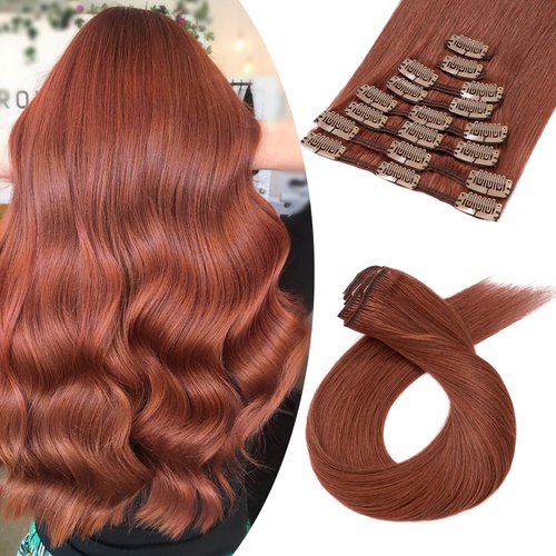 Benehair 14inch 8pcs Clip in Hair Extensions Real Human Hair Clip on Hair Extensions Double Weft Remy Human Hair Extensions Soft Silky Straight Natural Hair Extensions Dark Auburn