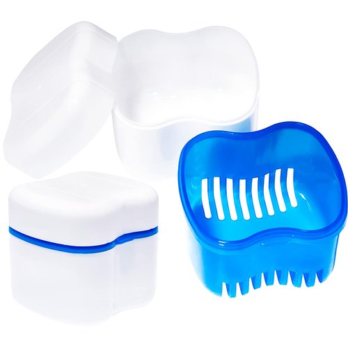 Denture Case,Denture Cups Bath, Toothbrush with hard denture, Dentures Container with Basket Denture Holder for Travel,Mouth Guard Night Gum Retainer Container (Blue)