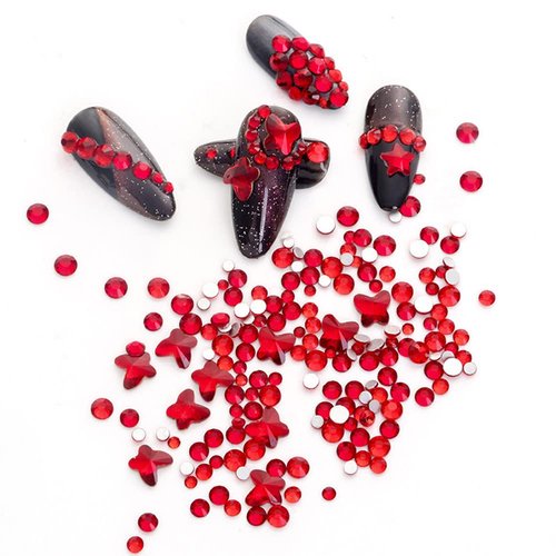 735 Pieces Red Nail Rhinestones for Acrylic Nails Red Stones for Nails Crystals 3D Nail Diamonds Art Decoration Crafts DIY (Red)