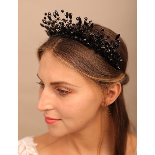 YERTTER Vintage Wedding Pearl Beads Crystal Tiara Hair Crown Handmade Bride Hair Band Bridal Greek Goddess Pearl Head Pieces for Wedding Prom Birthday Party (Black)