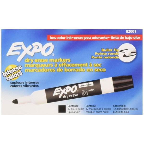 EXPO Low Odor Dry Erase Markers, Bullet Black, 12 Pack, for Whiteboards, Glass and Non-porous Surfaces. Ideal for Classrooms, Offices and Homes