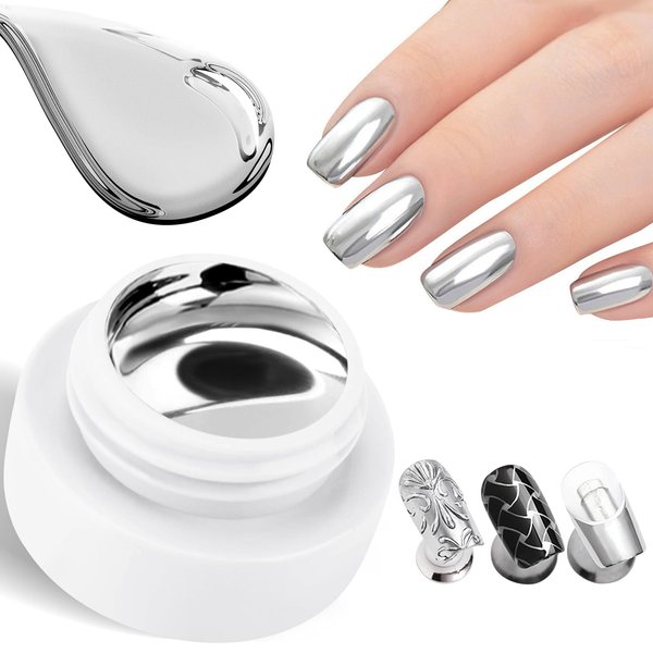 Ingzy Metallic Painting Gel, Silver Super Mirror Metal Painted Gel, 3D Metallic Painting Nail Gel Polish, Metal Chrome Gel Polish Silver Nail Polish Soak off for Home Salon DIY Manicure - 6ml