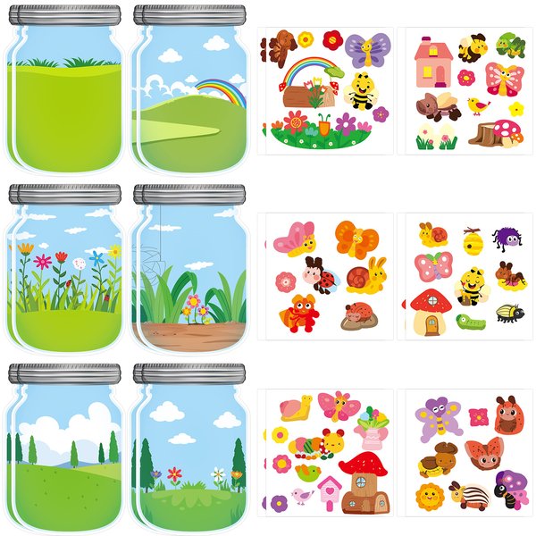 CY2SIDE 12PCS Summer Bugs Stickers Scene for Kids, Make A Bug Jar Sticker Scene with Butterfly Bee Ladybug Flower, Make Your Own Insect Stickers with Jar Scene, DIY Summer Party Games Class Activities
