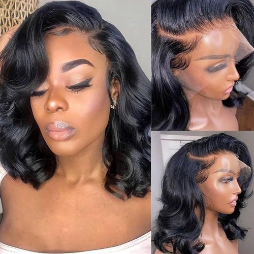 Loose Body Wave Bob Wig Human Hair 13x4 HD Body Wave Lace Front Wigs Human Hair Pre Plucked 210% Density Glueless Lace Frontal Wigs Human Hair for Black Women 14 Inch(Natural Black Full and Thick)