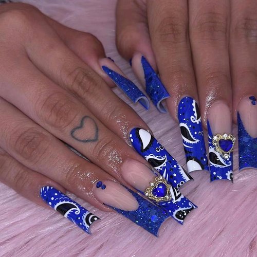 MISUD Press on Nails Long Square Fake Nails Glossy Glue on Nails Bling Blue Glitter Acrylic Nails Squoval Artificial Nails French Tip Stick on False Nails with Heart Rhinestone Design 24 pcs