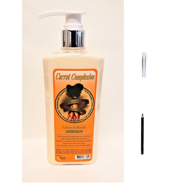Carrot Complexion Lotion 18floz Bottle + [Hair - Nail and Body Apricot & Coconut Oil Vial Sample & Liner101 LPS40 Eye Pencil]