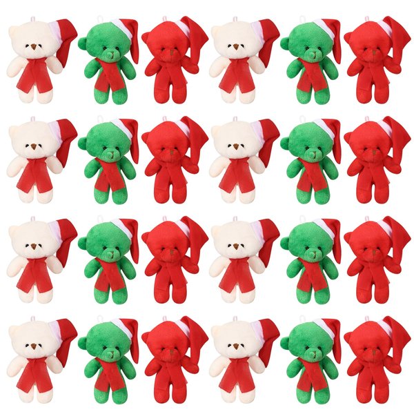 Blueweenly 24 Pcs Christmas Small Stuffed Bear 4.5 Inch Mini Plush Bear Stuffed Animal Keychains with Hat and Scarf for Christmas Tree Hanging Decorations Stocking Stuffers Birthday Party Favors
