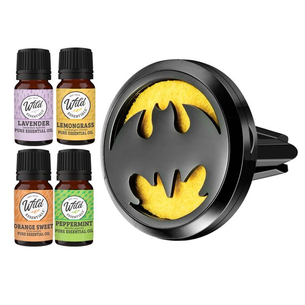 Wild Essentials Black Bat Essential Oil Car Vent Diffuser Kit With Lavender, Lemongrass, Peppermint, Orange Oils,Stainless Steel Locket Pendant,8 Refill Pads, Customizable Color Changing Air Freshener