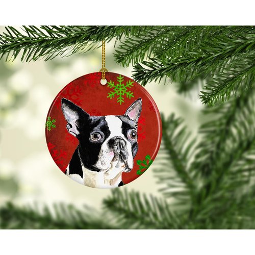 Boston Terrier Red Snowflakes Holiday Christmas Ceramic Ornament SC9400