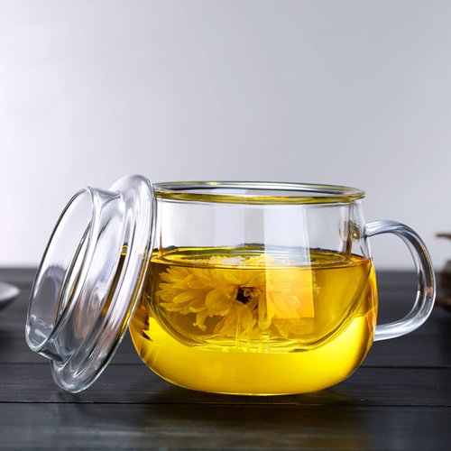 Lezero 13 ounce Tea Cups Kits Loose Tea-leaf Brewing System, Thickened Glass Cups with Tea Infuser Basket and Lid, Simple Filtration Teacups Great for Family Daily