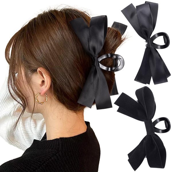 CustomyLife 2pcs Bow Hair Claw Clip for Women, Non-Slip Black Bowknot Hair Clip, Bun Updo Big Hair Barrettes Accessories for Long Short Curly Straight Thick Thin Wavy Hair