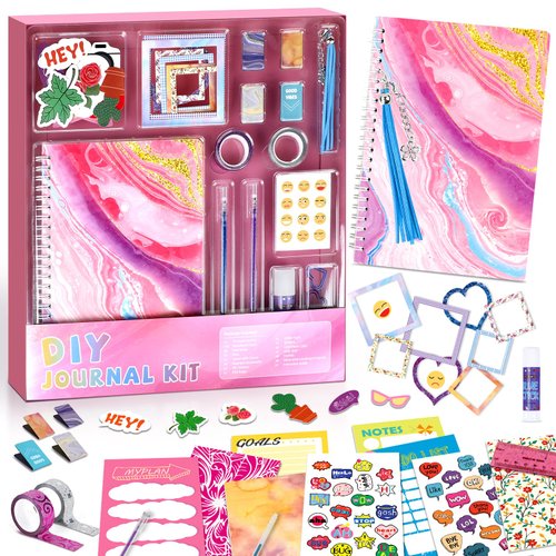 PERRYHOME DIY Journal Kit for Girls Ages 8-12, Stationery Journal Set for Teenage Girls Ages 8-12 Scrapbook & Diary Kits, Journaling Art Crafts Kit Teen 8-10-12 Year Old Girl Birthday Gifts - Pink