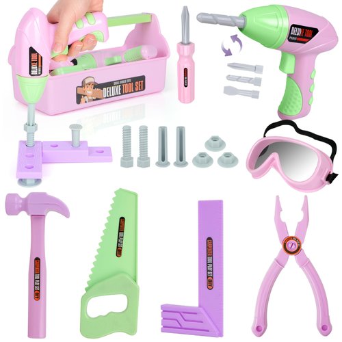 EP EXERCISE N PLAY Pink Kids Tool 18 Pcs Toddler Tool Set with A Tool Box Including Toy Saw for Kids Ages 3-5 Girl's Favorite Tool Set Gift for Toddlers Girl Ages 3,4,5,6,7 Years Old