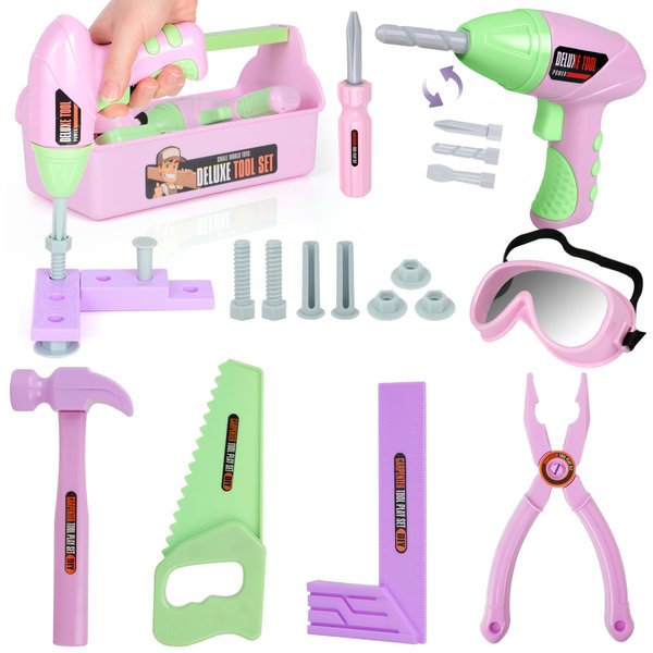 EP EXERCISE N PLAY Pink Kids Tool 18 Pcs Toddler Tool Set with A Tool Box Including Toy Saw for Kids Ages 3-5 Girl's Favorite Tool Set Gift for Toddlers Girl Ages 3,4,5,6,7 Years Old