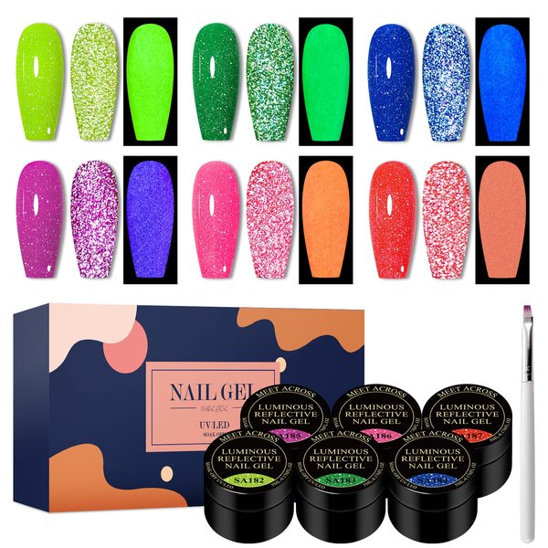 MEET ACROSS Luminous Reflective Gel Polish, Glow in Dark Gel Nail Polish, Reflective Glitter Gel Nail Polish with Nail Brush, Neon Color Shiny Disco Luminous Gel Polish for DIY Manicure Nail Art Salon
