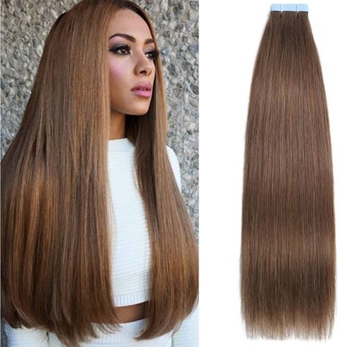 Amella Hair Tape in Hair Extensions #8 Light Brown 100% Remy Human Hair Extensions Silky Straight for Fashion Women 20 Pcs/Package(14 Inch)