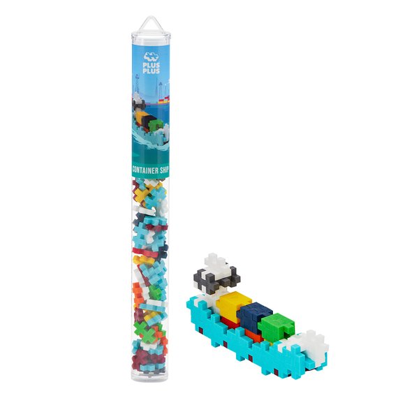 PLUS PLUS Vehicle Building Block Kit, 3D Puzzle Stem Toy for Kids, 70 Interlocking Pieces - Container Ship Mini Maker Tube