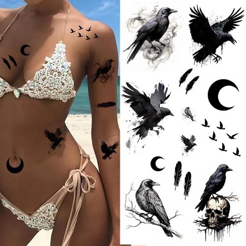 Dopetattoo 6 Sheets Dopetattoo Temporary Tattoos Raven Tattoo Crow Tattoo Temporary Tattoo Fake Neck Tattoo Fake Crow Tattoo Fake Hand Tattoos Black Raven Tattoo Arm Chest for Women Men Adults