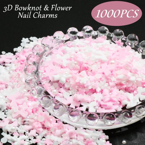 RODAKY 1000PCS Pink Bow Nail Charms White Bowknot Charms for Nail Resin Flatback Nail Pearl Beads Flower Charms Valentine's Day Nail Decoration Accessories for Women Manicure DIY