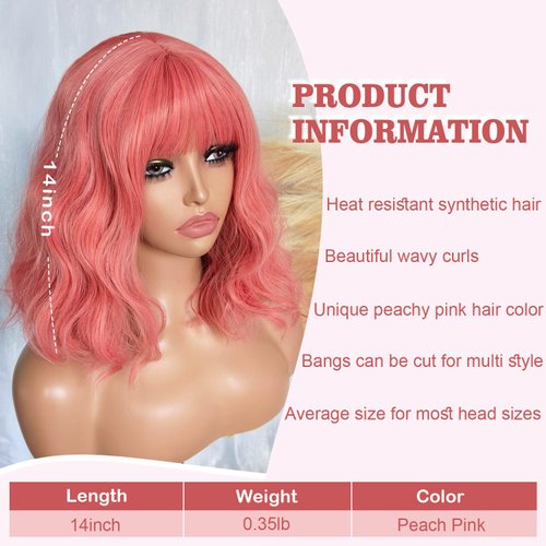 SOKU Short Wavy Pink Wigs for Women 14 Inch Pastel Peachy Short Curly Bob Wig with Bangs Peach Pink Halloween Synthetic Heat Friendly Wigs Pink Cosplay Costume Wig for Daily Party Use
