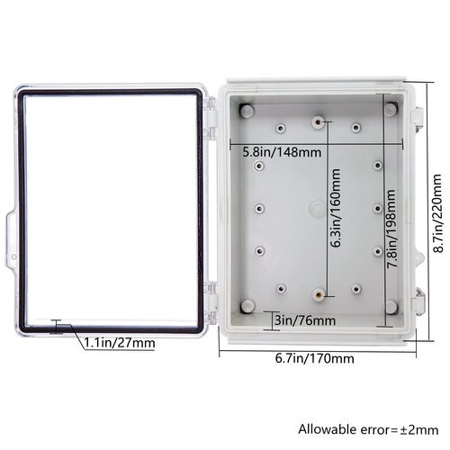 Zulkit Junction Box IP67 Waterproof Electrical Box Hinged Clear Cover Stainless Steel Latch Plastic Enclosure for Project w Mounting Plate Wall Bracket and 2 Cable Gland 8.7"x6.7"x4.3"/220x170x110mm