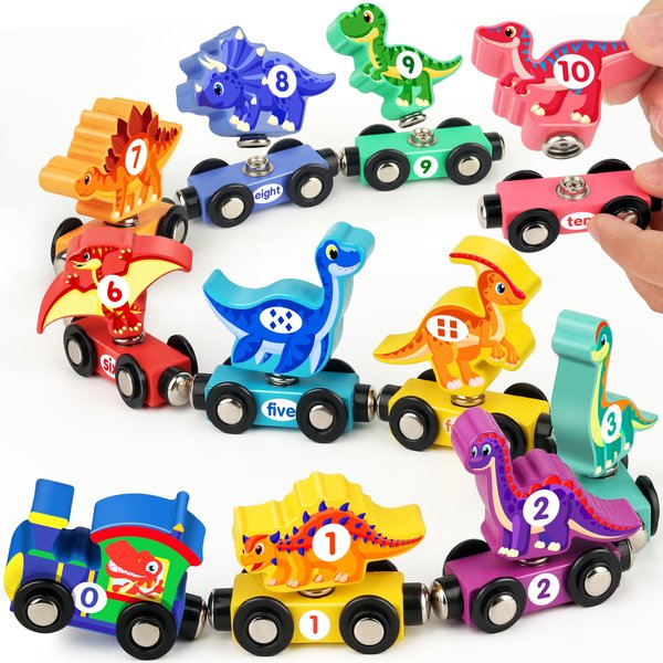 Vanmor Wooden Dinosaur Train Set for Toddlers - Magnetic Dinosaur Toys and Number Train, Perfect for Toddler Activities, Birthdays, and Educational Gifts for Boys Aged 3-5