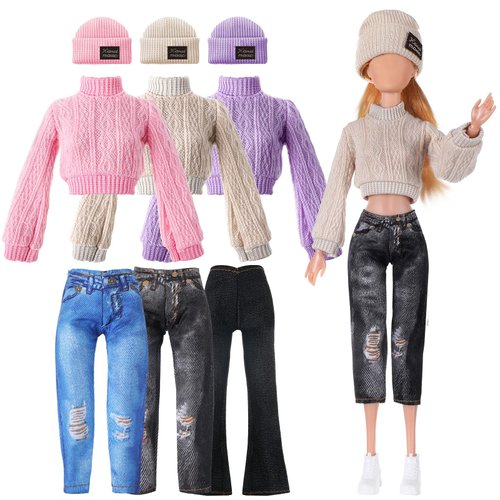 Fourluoo 6 Pcs Christmas Doll Clothes 11.8 Inch Doll Accessories Set Sweaters Denim Pant Outfit Doll Clothing Sweet Doll Outfits for Christmas Birthday Gift(Trendy Style)