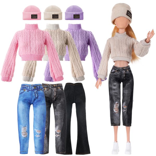 Fourluoo 6 Pcs Christmas Doll Clothes 11.8 Inch Doll Accessories Set Sweaters Denim Pant Outfit Doll Clothing Sweet Doll Outfits for Christmas Birthday Gift(Trendy Style)