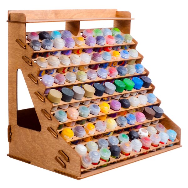 Plydolex Wooden Paint Organizer for 87 Paint Bottles and 14 Brushes - Paint Brush Holder With 6 Miniature Stands and Top Shelf - Convenient Paint Rack for Miniature Paint Set