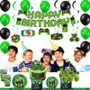 Green Video Game Party Supplies 201Pcs Gamer Gaming Party Decoration For Boys Birthday Party Table Cover, Plates, Cups, Napkins, Utensils, Hanging Swirls, Birthday Banner, Cupcake, Topper Cake