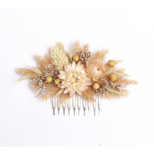 Natural dried flowers ivory hair comb, ivory cream dried flowers rustic hair piece (ivory)