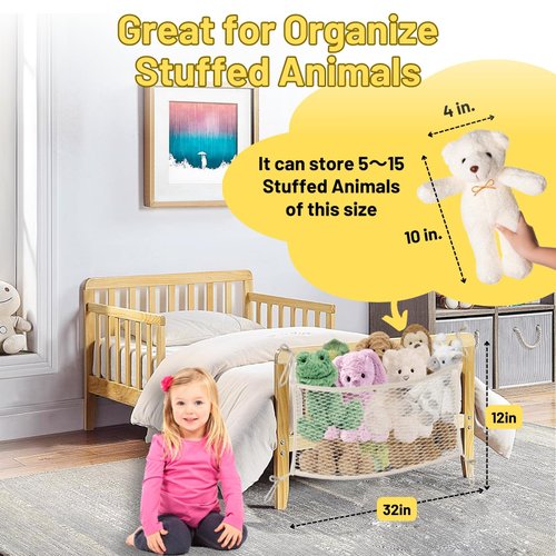 Stuffed Animal Storage Net for Kids, Bedside Toy Organizer Net - Neatly Store Your Stuffed Animals, Cotton Bedside Stuffed Animal Storage Net with Tether, Stretches up to 35 Inches, Beige