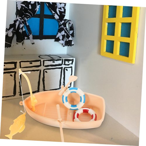 Toddmomy Fake Fishing Boat Figurine, 1 Set Doll House Swimming Ring Canoe Model Plastic Sea Fishing Boat for Dollhouse Decor
