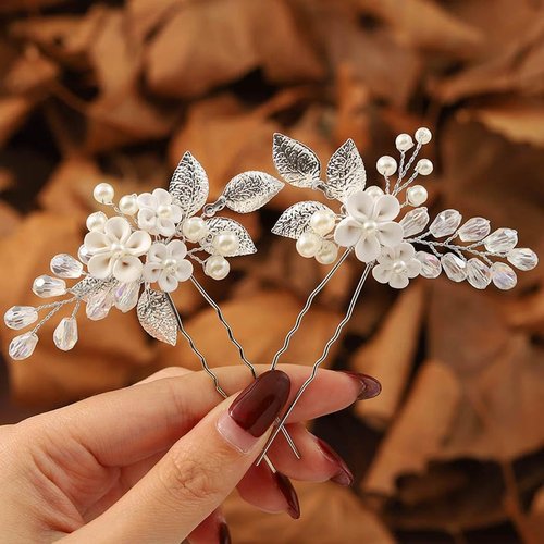Brishow Flower Bride Wedding Hair Pins Silver Leaf Hair Pieces Bridal Pearl Hair Accessories for Women and Girls
