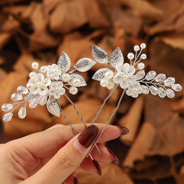 Brishow Flower Bride Wedding Hair Pins Silver Leaf Hair Pieces Bridal Pearl Hair Accessories for Women and Girls